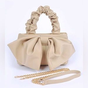 Nude Crinkle Handle Large Bow Tie Clutch Bag